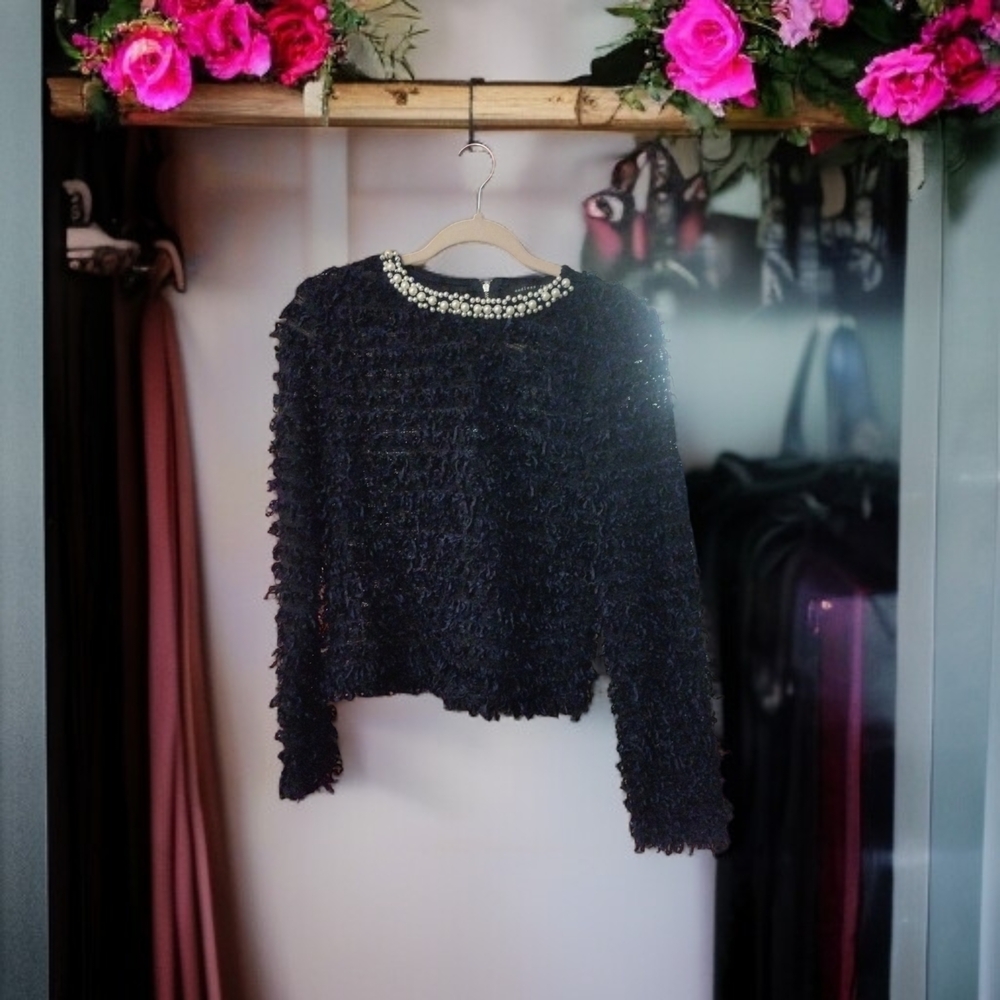 Endless Rose Ruffle Embellished Pearl Collar Blue Long Sleeve Top